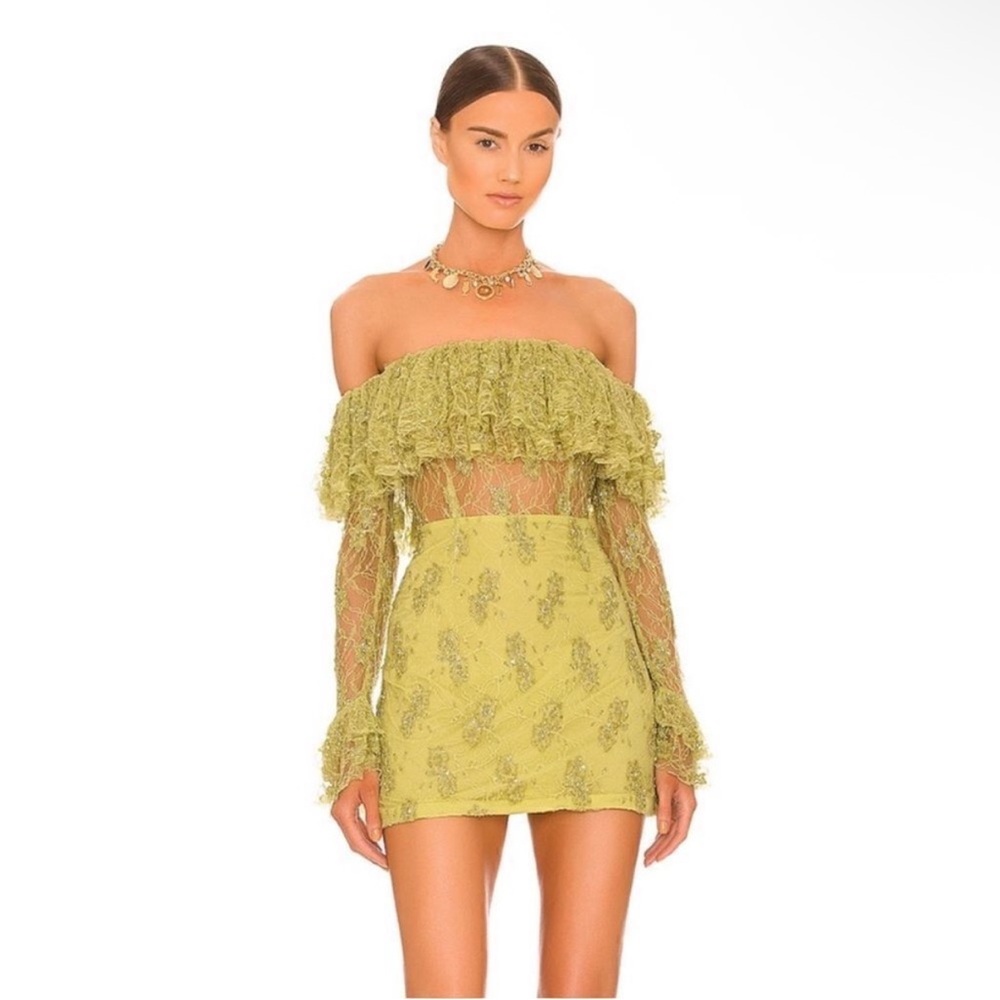 NEW Retrofete Castella Off the Shoulder Ruffle Sequined Mini Dress in Green $695